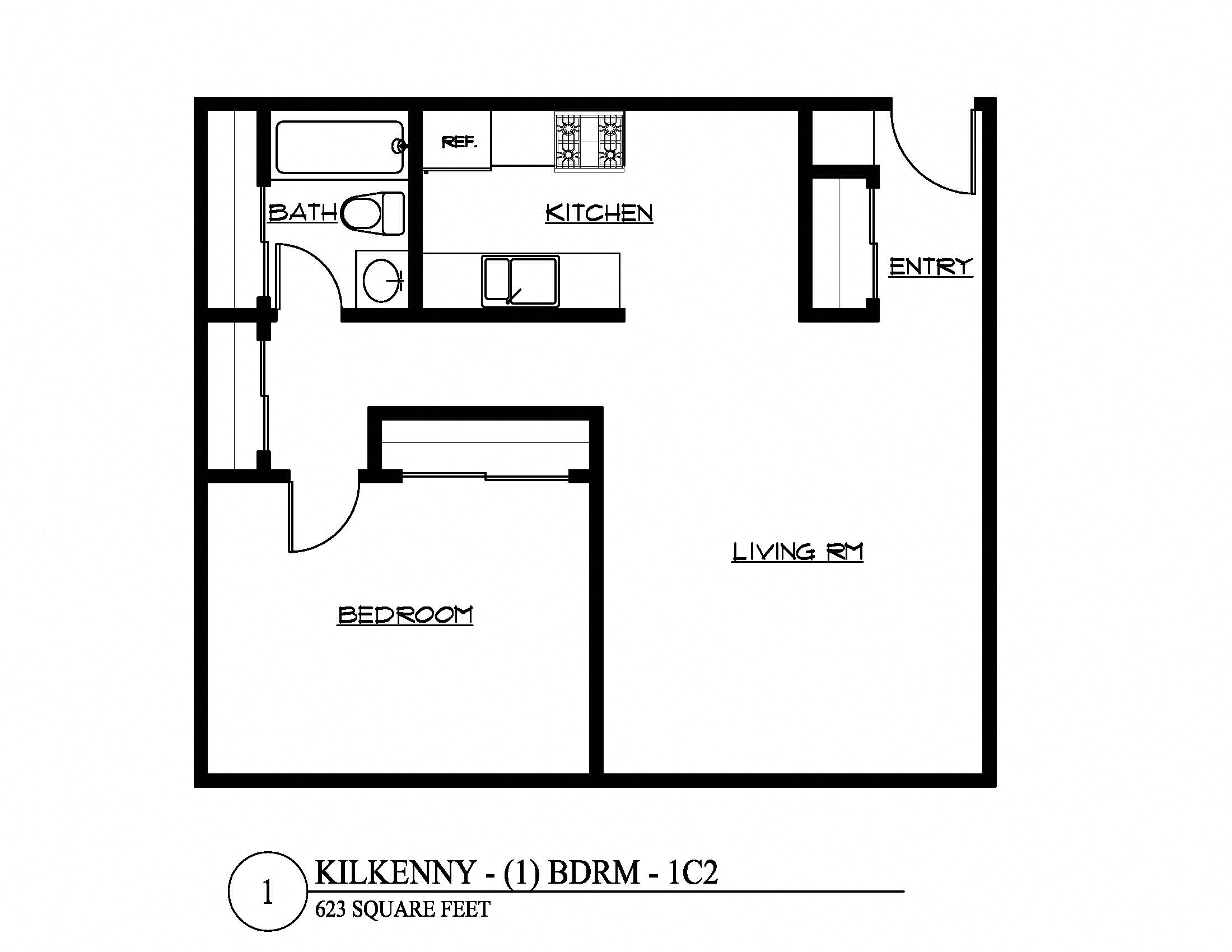 Floor plan for 1 bed, 1 bath, 623 sqft